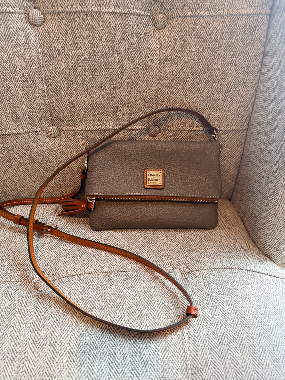 Dooney & Bourke Taupe Pebble Leather Crossbody with Tan Trim
